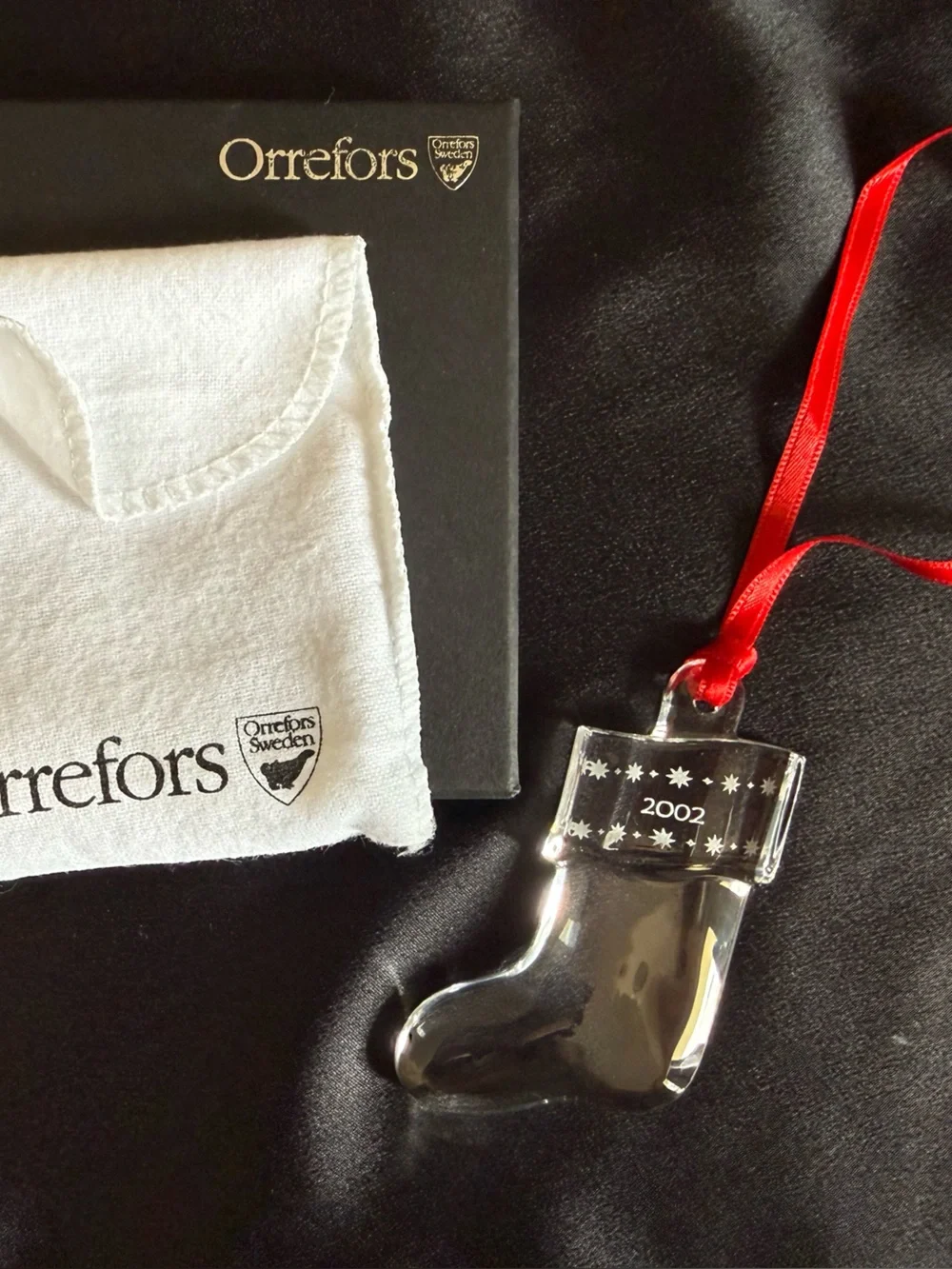 Orrefors 2002 Crystal Stocking Ornament with Red Ribbon